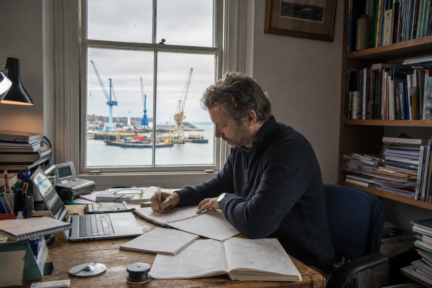 A journalist working at a desk overlooking a working harbour